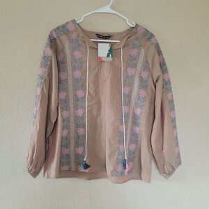 Womens Peasant Boho Top Sz 8 Floral Balloon Sleeves Tassel Boho Lightweight Nwt